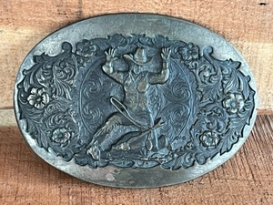 lot 257 image: Award Design Medals Vintage Solid Brass Calf-Roping Cowgirl Belt Buckle