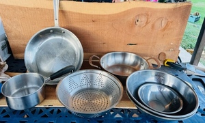 lot 308 image: Stainless Steel Princess House 2QT Casserole, Master Chef Frying Pan, Collander, Revere 1QT. Sauce Pan, &amp Three Mixing Bowls