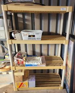 lot 84 image: 4 TIER PLASTIC SHELF (CONTENTS NOT INCLUDED) DELAYED PICK UP (PICK UP 2PM - 4PM)