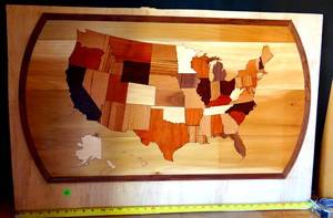 lot 16 image: AMAZING HANDMADE - LAZER CUT OUT MAP OF THE UNITED STATES WITH VARIOUS WOODS