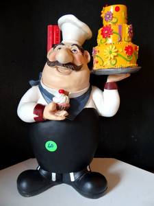 lot 60 image: EXTRA LARGE COLORFUL CAKE PASTRY WAITER WITH STRIPED TROUSERS