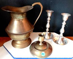 lot 207 image: NICE COLLECTION OF METAL CANDLEHOLDERS & PITCHER
