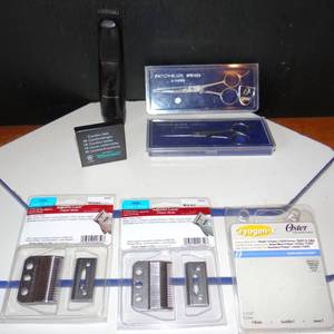 lot 220 image: HAIR CUTTING COLLECTION - REMINGTON NNE 10 TRIMMER, ASSORTED CLIPPER BLADES, SCISSORS (X2) & VAULT HARD CASE