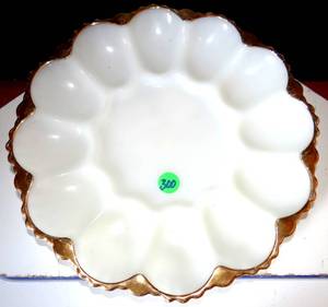 lot 300 image: VINTAGE Anchor Hocking Milk Glass Gold Deviled Egg Serving Plate
