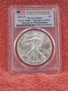 lot 1 image: 2020-P Silver Eagle - Emergency Issue - First Strike silver $1 PCGS MS69