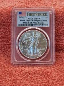lot 50 image: 2020-P Silver Eagle - Emergency Issue - First Strike silver $1 PCGS MS69