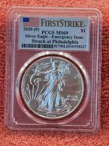 lot 100 image: 2020-P Silver Eagle - Emergency Issue - First Strike silver $1 PCGS MS69