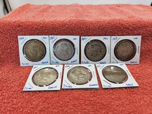 lot 130 image: Vintage Mexican Silver Dollars-Pesos - 7-1960, 61, 62, 63, 64, 66, and 1967 coins
