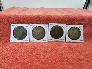 lot 101 image: Vintage Mexican Silver Dollars-Pesos - 4- 53, 57, 58, and 1959 coins