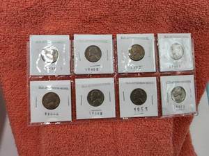 lot 57 image: Selection of 8 vintage Jefferson Nickels - 1938-1957