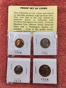 lot 156 image: Proof Set of Coins - 1972 Lincoln memorial penny, 1983 Jefferson Nickel, 1978 Roosevelt Dime, and 1974 Washington Quarter
