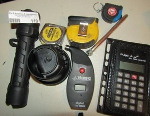 lot 119 image: Lot- 12 measuring tape, flashlight, ash tray, tire air pressure check