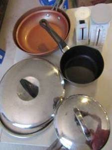 lot 134 image: Pots and pans, copper non stick, 2 kitchen scales