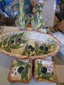 lot 145 image: Hand painted olive dish, 8 bread plates, 16 salad bowl,2 vinegar and oil bottles