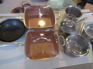 lot 163 image: 2 Copper chef skillets, 2 Faber wear pans, Shantal sauce pan and more
