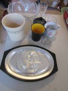 lot 164 image: Cream color cannister, hot plates, black crystal candy dish