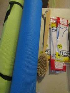 lot 176 image: 2 yoga mats, 3 small tubs with misc. bath items (opened)
