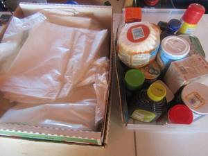 lot 201 image: Box- clear trash bags, Kitchen seasoning, Raw honey and more