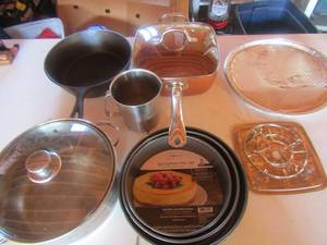 lot 202 image: Copper chef pan with lid, covered sauce pan, spring form pan set NEW and #3 cast iron skillet