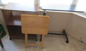 lot 213 image: TV tray and one 2 tier microwave table 29x15x12  & rolling table