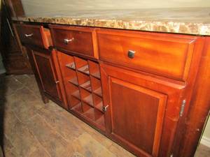 lot 218 image: Marble top look 3 drawer 2 door with metal wire rack Dining Bar Table