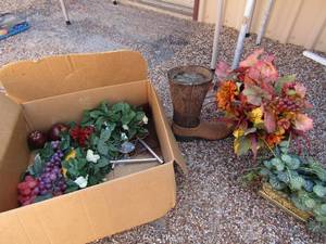 lot 253 image: Plant table decor, boot vase, wax fruit