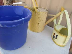 lot 265 image: 2 Watering Cans  and Blue plastic bucket
