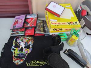 lot 269 image: File folders, printer paper staples, tape, markers, movies and ED Hardy computer bag