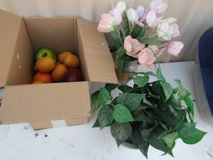 lot 273 image: Faux fruit, vases with faux flowers
