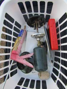 lot 274 image: Garden plant bracket, propane lantern, caulking gun, NEW B&D drill bit set, blue igloo ice chest