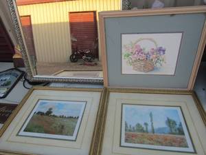 lot 275 image: 2 Claude Monet 17x15, basket art Jodi jensein15x17 silver frame mirror