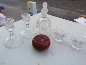 lot 47 image: 4 glass candle holders, angel bell, and carved trinket