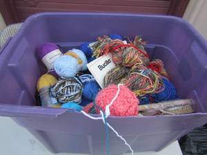 lot 52 image: Bernat mohair yarn, Bernat sport yarn, Manderan yarn, knitting needles and patterns