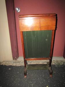 lot 68 image: ANTIQUE FIRE PLACE SCREEN ( kept sparks from the ladies) with a MINITURE WRITING DESK ON TOP