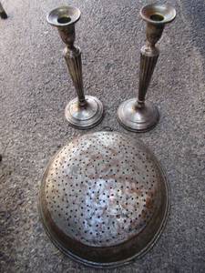 lot 74 image: STERLING SILVER Pair of candle sticks,  & A STRAINER
