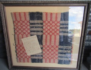 lot 4 image: ANTIQUE Grivers hand woven COVERLET made 1825   in New York   27 X 24   FRAMED (See Letter)
