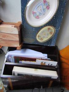 lot 113 image: Misc. desk paper organizer, solar flash light, coasters, London soap and dish