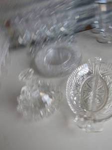 lot 125 image: Divided glass dish, oil cannister, floral dessert plates and 6 saucers, 8 wine glasses