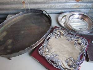 lot 8 image: STERLING SILVER double handled tray 22x17   12 Arthur Court Silver plated platter,  12 silver plated bowl,  17 Silver plated platter,