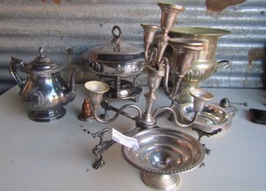 lot 29 image: Silver plated lot- Tea pot, Candleabra, Champange Chiller, Covered Chafig Dish w burne,  6 bowls, candy dish