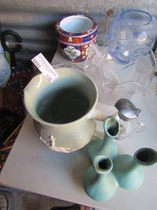 lot 136 image: SPODE  FONTUNA  Green pitcher with dogs & horses, 3 GREEN POTTERY PIECES FROM COLORADO SPRINGS, CO,. Assorted vases,