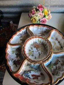 lot 139 image: Floral Bone Cina Arrangement STAFFORDSHIRE - ENGLAND  and PORECELAIN BLACK LAZY SUSAN W CONDIMENT INSERTSS (8 PCS) ASIAN FLORAL DESIGN