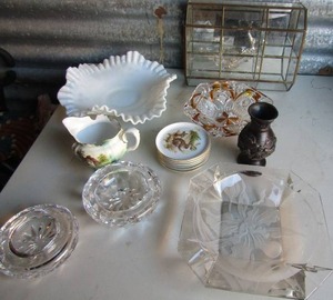 lot 140 image: German mini plates with animals x 6, Glass jewlery box, creamer, 2 crystal ashtrays, and FLUTED MILK GLASS BOWL