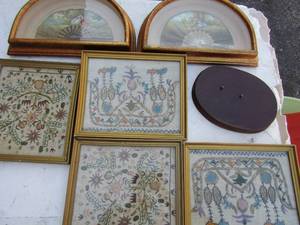 lot 142 image: HAND MADE TAPESTRY IN GOLD FRAMES  9x8  QTY 4  & FRAMED  PAINTED FANS 11x6   QTY 2