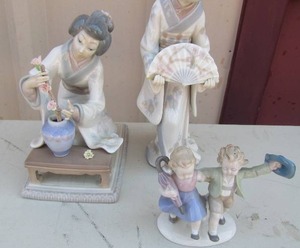 lot 24 image: 7 Lladro Japanese Woman W Vase,  , 4 Porcelain Boy and Girl, ,   10 NAO Porcelain Japanese Woman w Fan