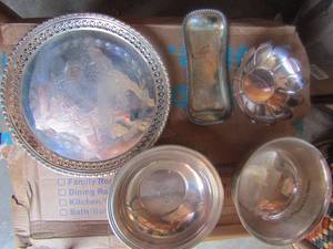 lot 158 image: Silver plated lot- 2 serving bowls butter dish 12 footed serving platter