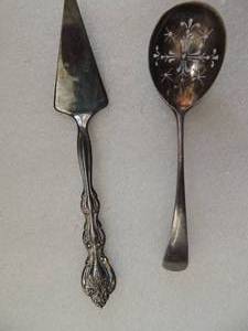 lot 213 image: Cheese server 5.75 International Silver-plate    Olive spoons 5 English