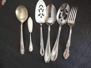 lot 218 image: Serving spoons x 2 Cambridge stainless,    Cake pie server Simeon & George Rogers stainless   Fork , serving spoon,  Butter knife- A1  all William Rogers silver-plate