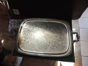 lot 181 image: Platter marked EGW&S-2102219 made by E.G Webster & Sons in N.Y. silverplate Dual handle butler tray- Fluorite 27x16