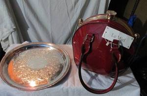 lot 60 image: Silver platter and Le Miel Red evening purse, NEW